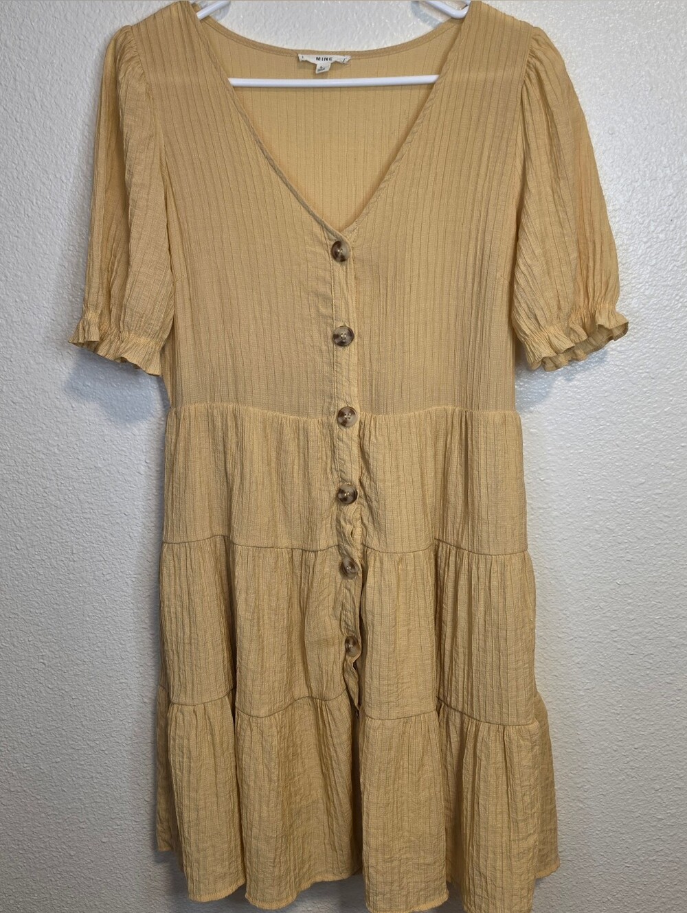 Mine Mustard Yellow Button Up Tiered Mini Dress
